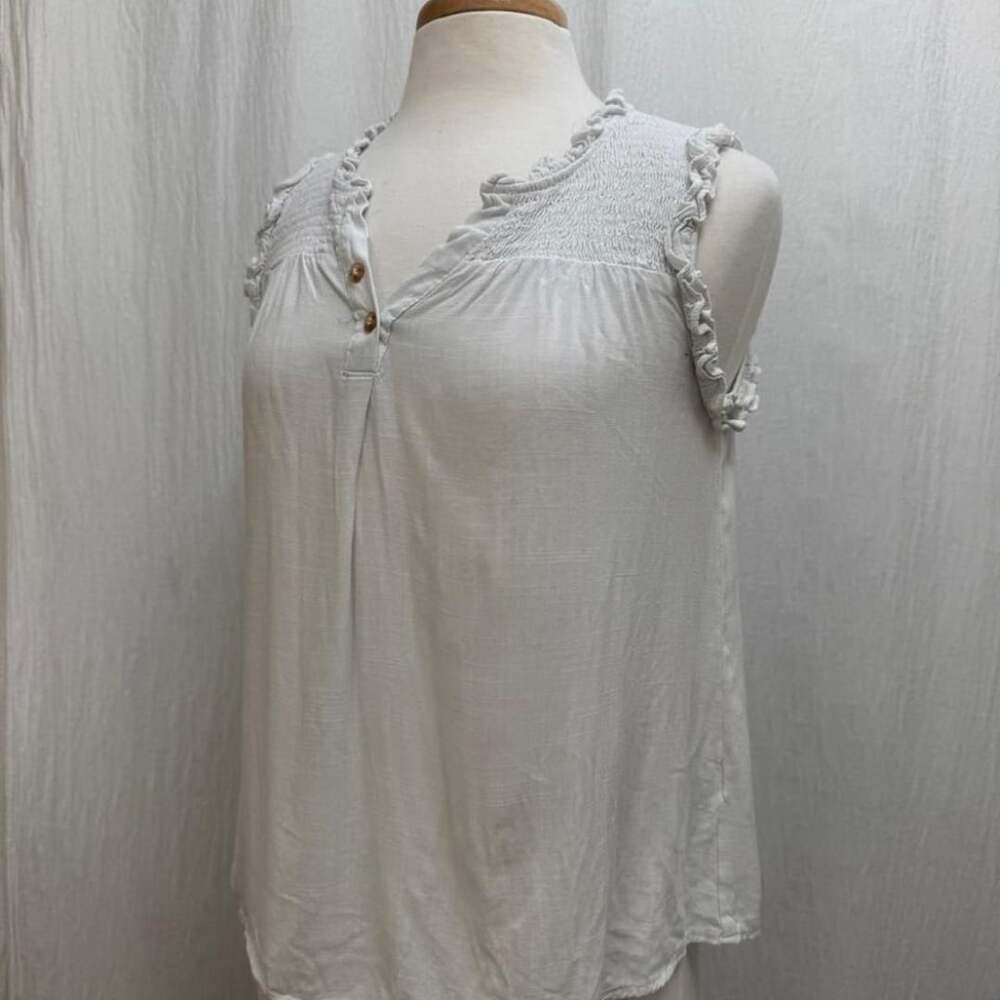 MINE Sleeveless Blouse Top Size M White Smocked Ruffle Yoke